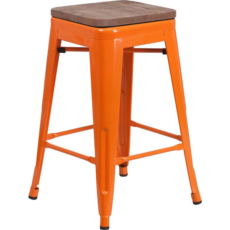 24" High Backless Orange Metal Counter Height Stool With Square Wood Seat By Flash Furniture