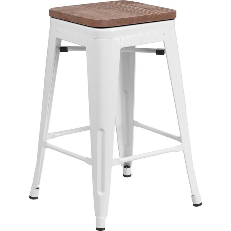 24" High Backless White Metal Counter Height Stool With Square Wood Seat By Flash Furniture