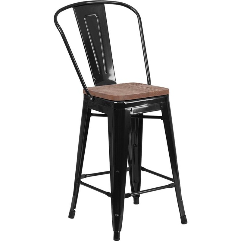 24" High Black Metal Counter Height Stool With Back And Wood Seat By Flash Furniture