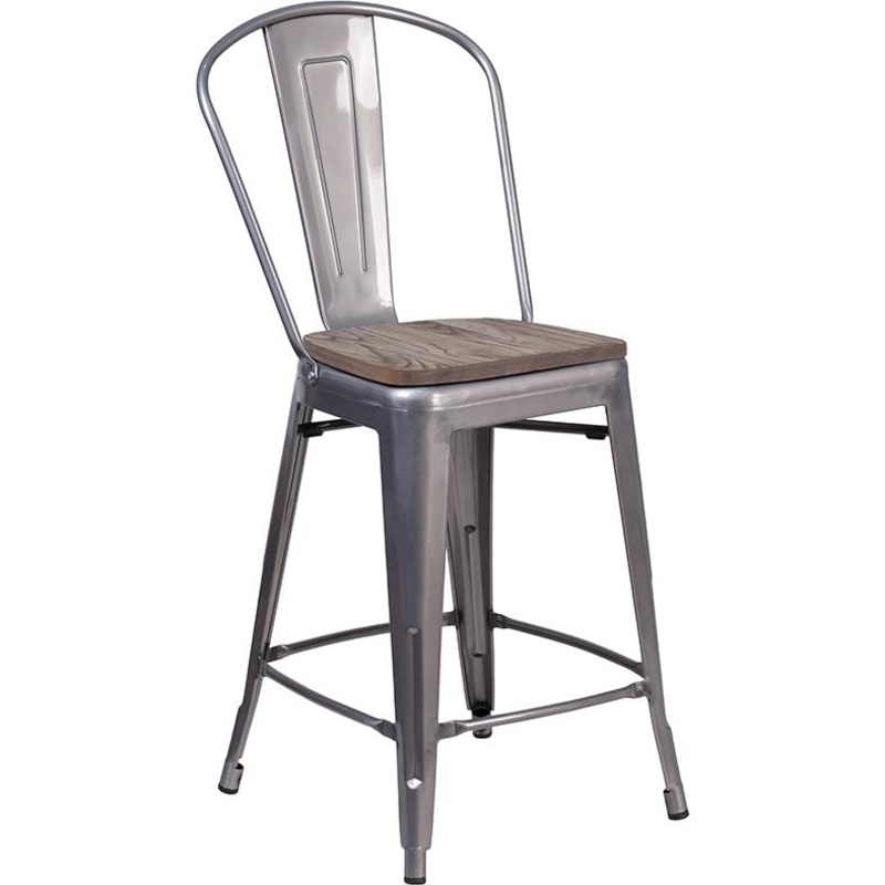 24" High Clear Coated Counter Height Stool With Back And Wood Seat By Flash Furniture