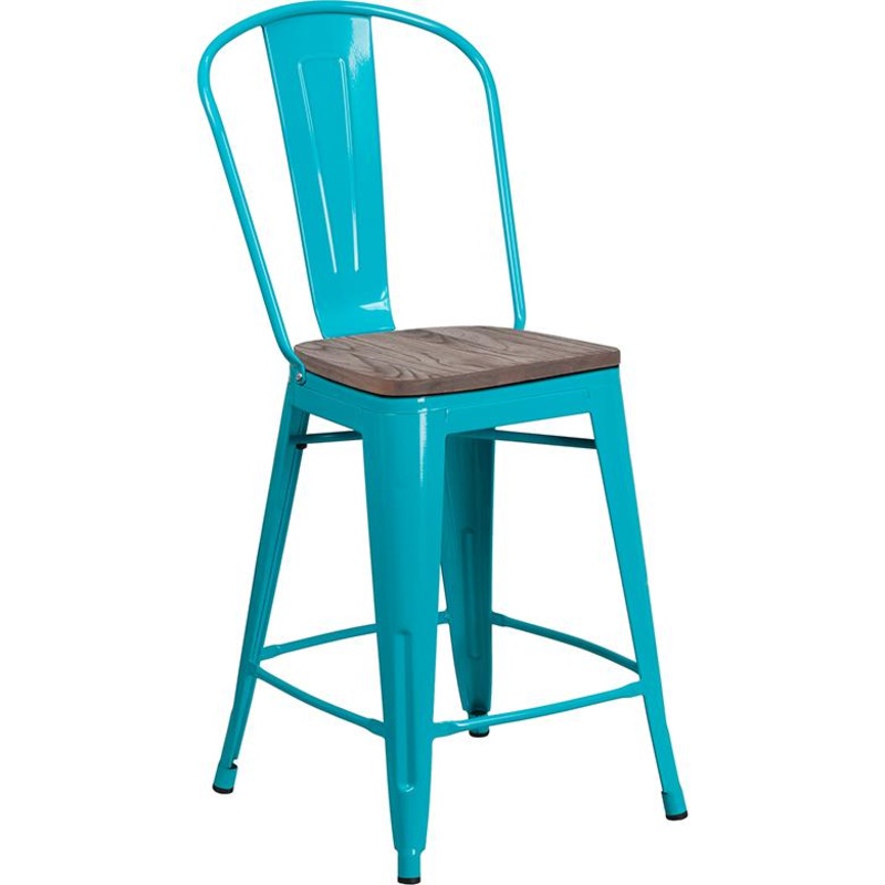 24" High Crystal Teal-Blue Metal Counter Height Stool With Back And Wood Seat By Flash Furniture