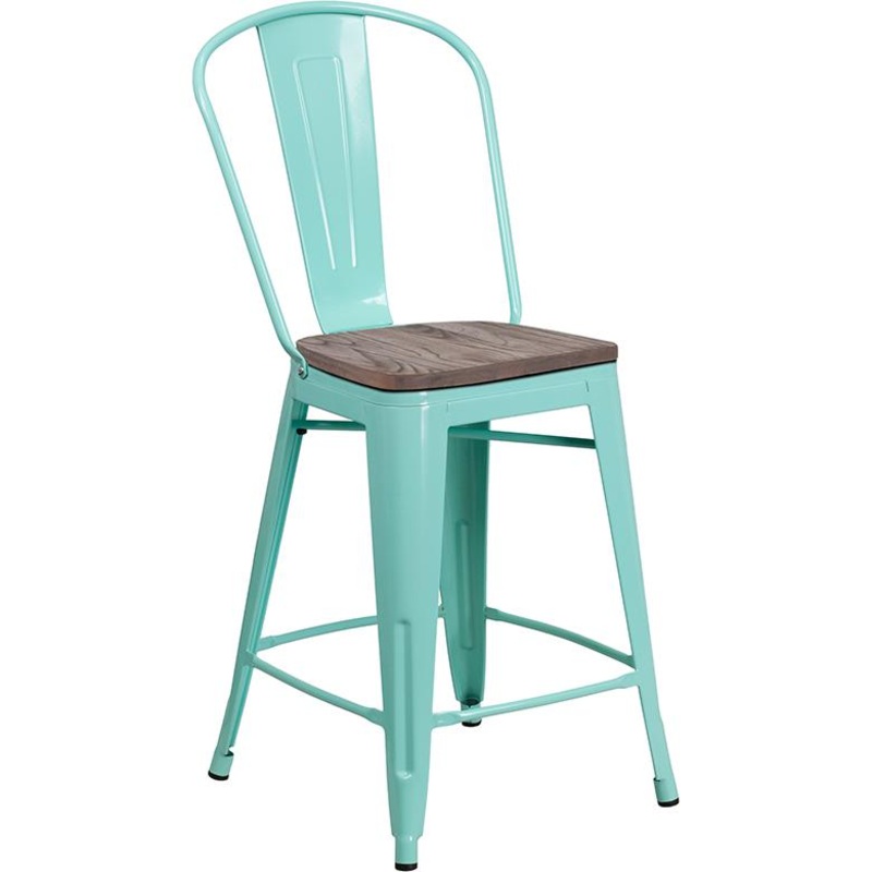 24" High Mint Green Metal Counter Height Stool With Back And Wood Seat By Flash Furniture