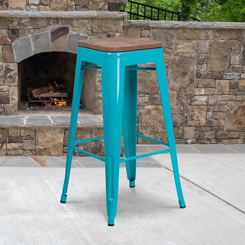 30" High Backless Crystal Teal-Blue Barstool With Square Wood Seat By Flash Furniture
