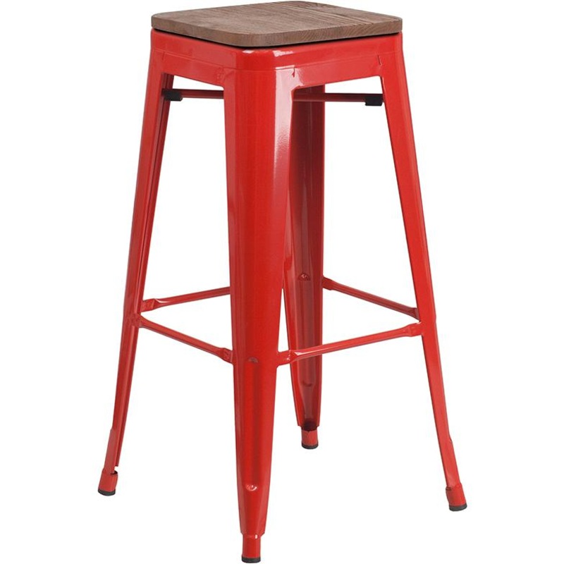 30" High Backless Red Metal Barstool With Square Wood Seat By Flash Furniture