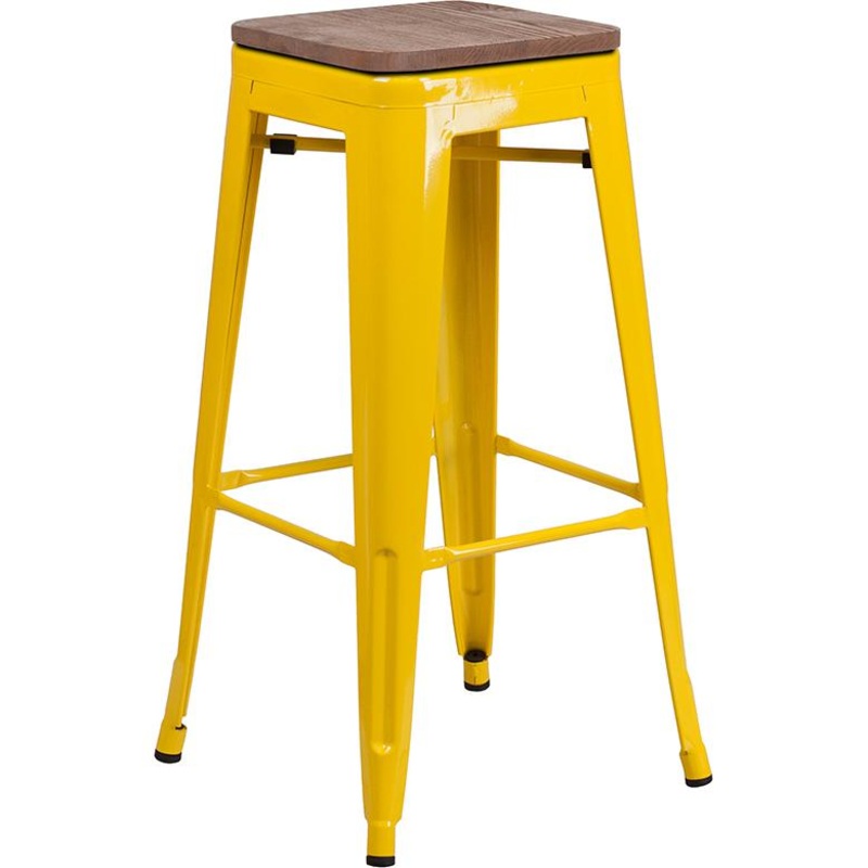 30" High Backless Yellow Metal Barstool With Square Wood Seat By Flash Furniture
