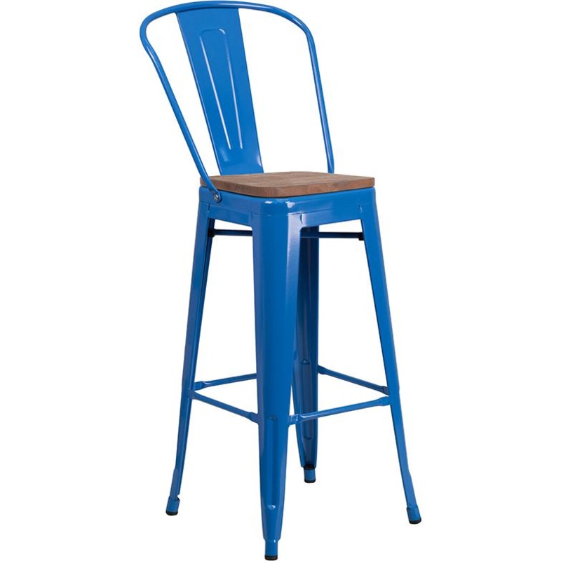 30" High Blue Metal Barstool With Back And Wood Seat By Flash Furniture