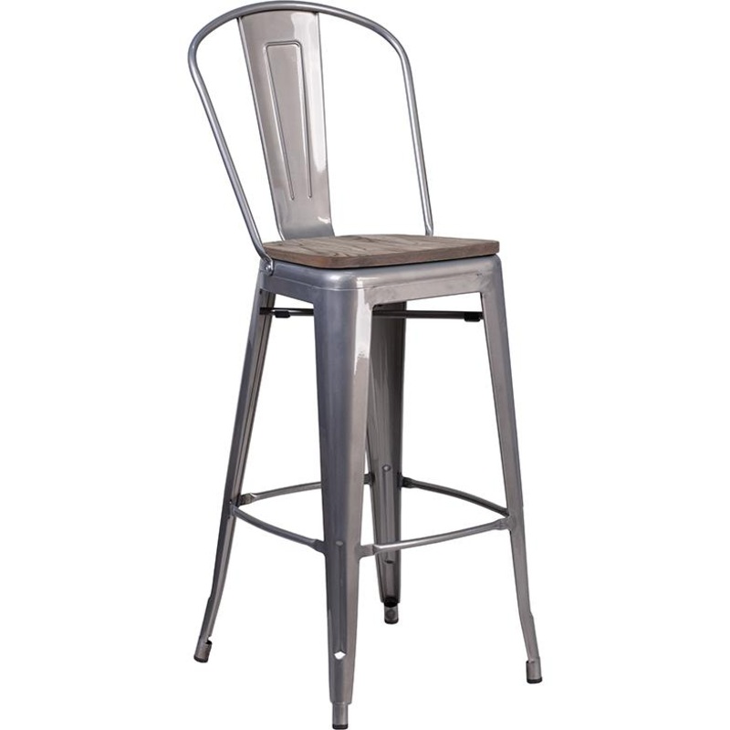 30" High Clear Coated Barstool With Back And Wood Seat By Flash Furniture