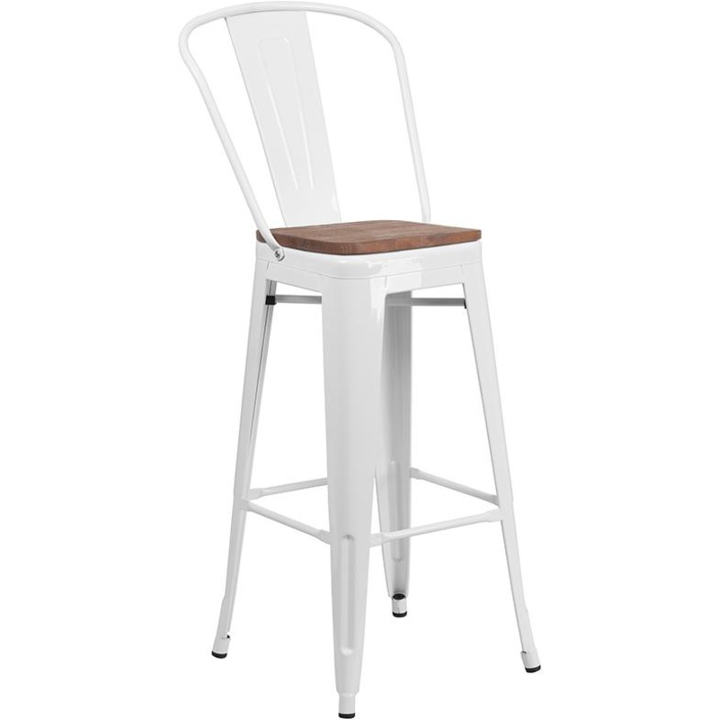30" High White Metal Barstool With Back And Wood Seat By Flash Furniture