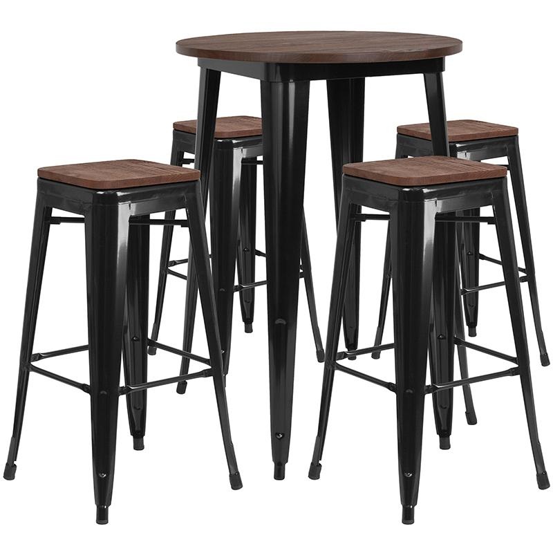 30" Round Black Metal Bar Table Set With Wood Top And 4 Backless Stools By Flash Furniture