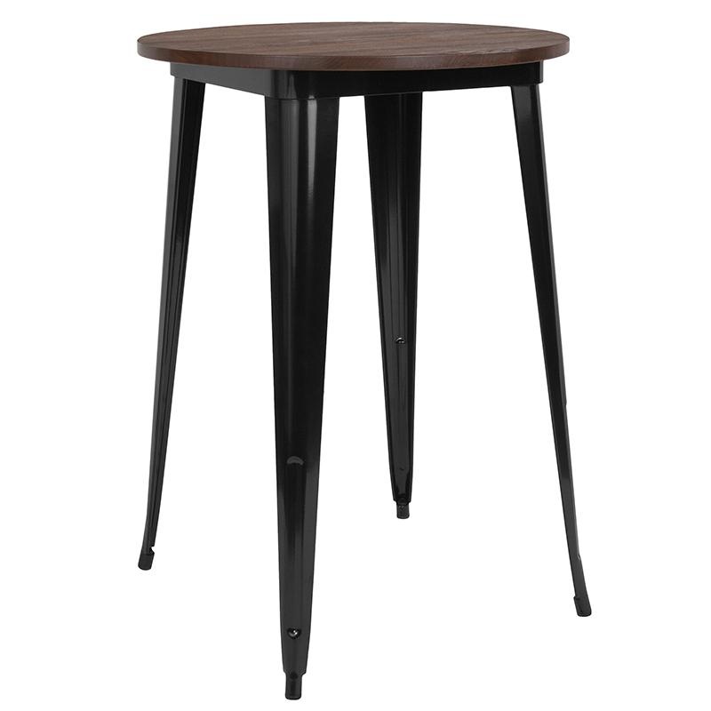 30" Round Black Metal Indoor Bar Height Table With Walnut Rustic Wood Top By Flash Furniture