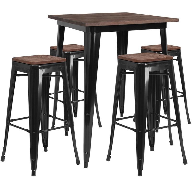 31.5" Square Black Metal Bar Table Set With Wood Top And 4 Backless Stools By Flash Furniture
