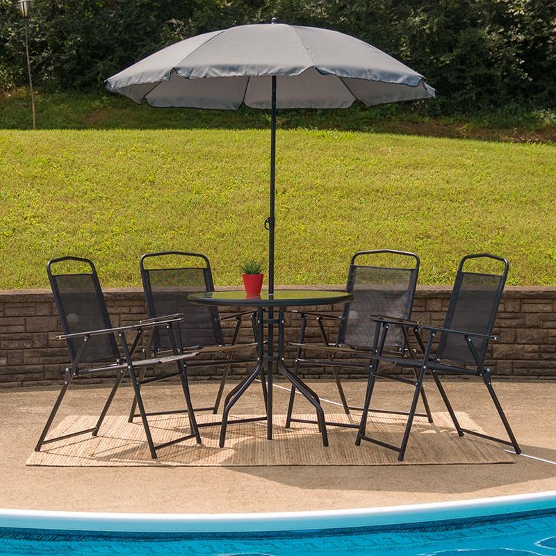 Nantucket 6 Piece Black Patio Garden Set With Table, Umbrella And 4 Folding Chairs By Flash Furniture