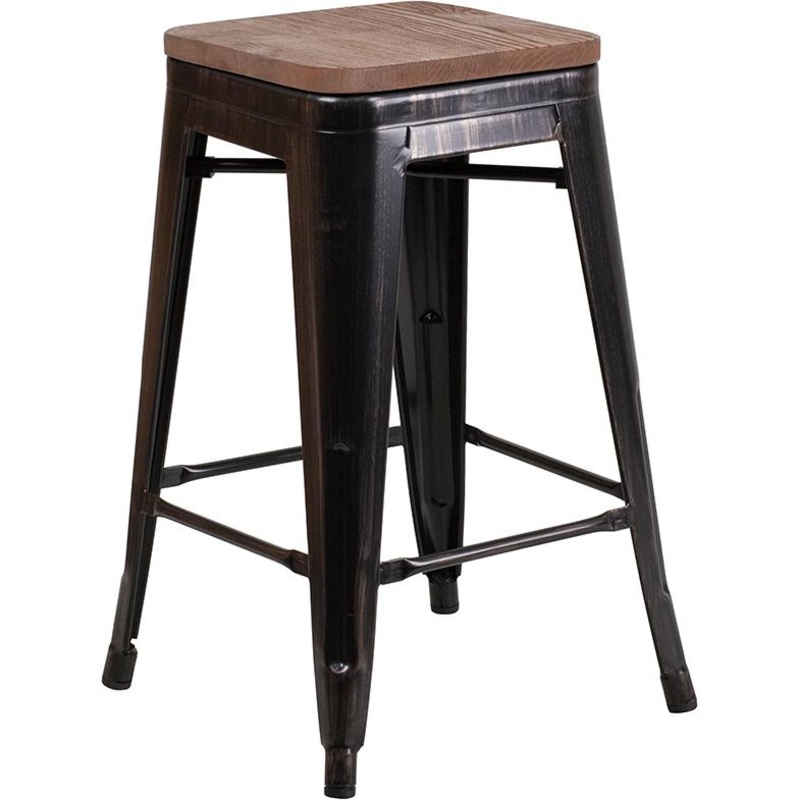 24" High Backless Black-Antique Gold Metal Counter Height Stool With Square Wood Seat By Flash Furniture