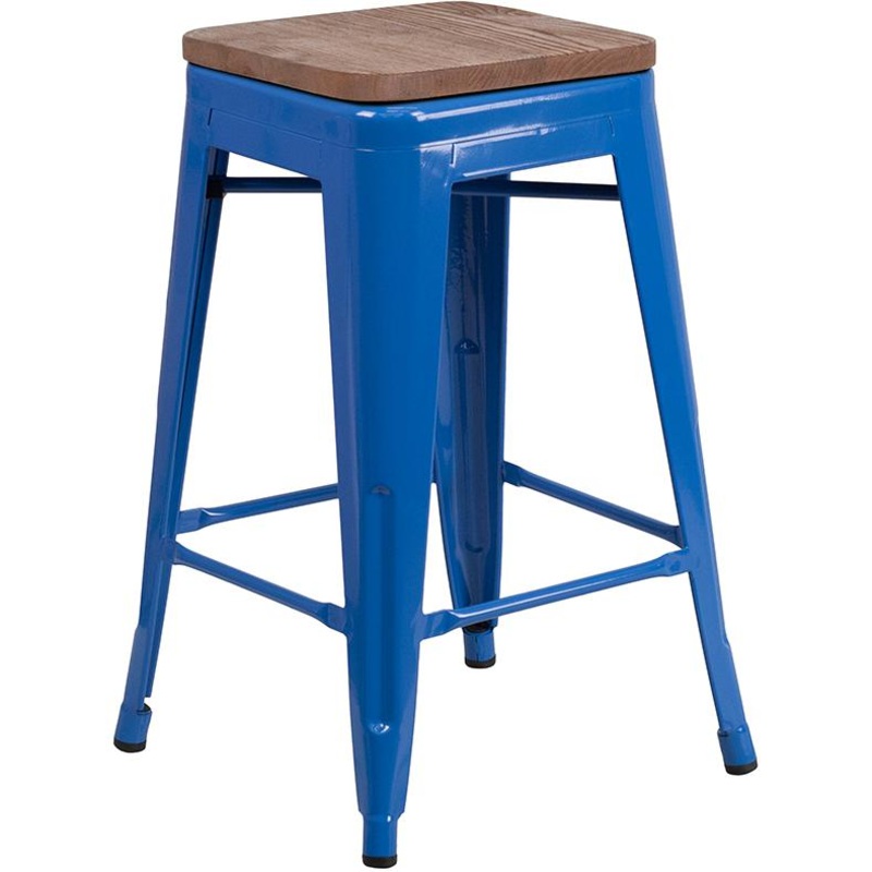 24" High Backless Blue Metal Counter Height Stool With Square Wood Seat By Flash Furniture