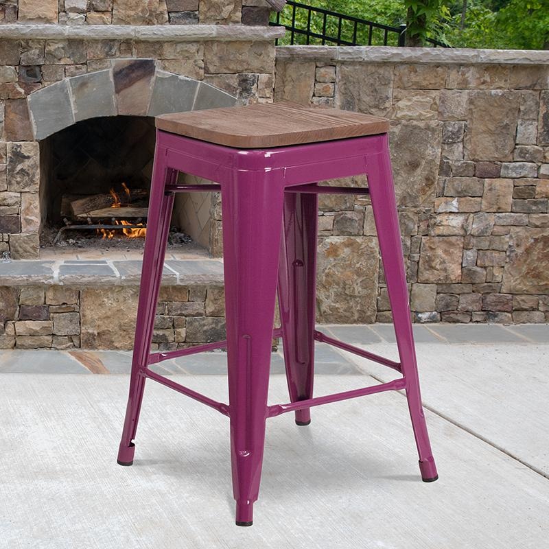 24" High Backless Purple Counter Height Stool With Square Wood Seat By Flash Furniture