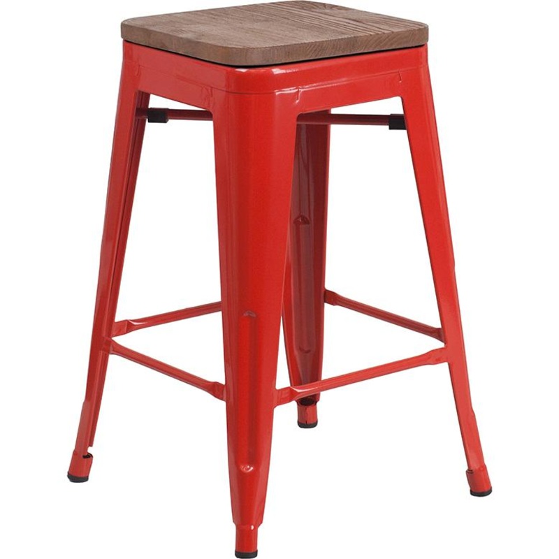 24" High Backless Red Metal Counter Height Stool With Square Wood Seat By Flash Furniture
