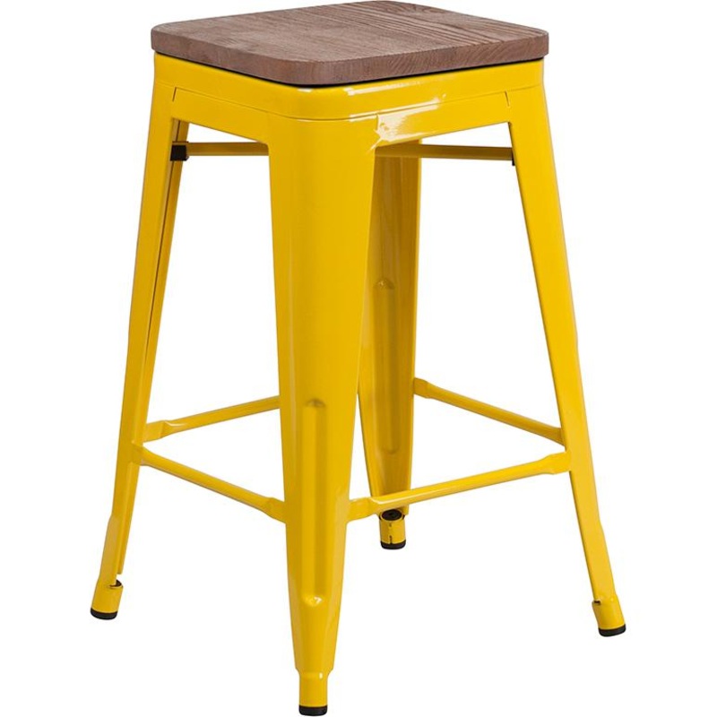 24" High Backless Yellow Metal Counter Height Stool With Square Wood Seat By Flash Furniture
