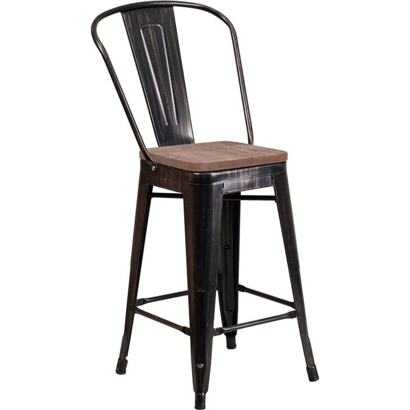 24" High Black-Antique Gold Metal Counter Height Stool With Back And Wood Seat By Flash Furniture