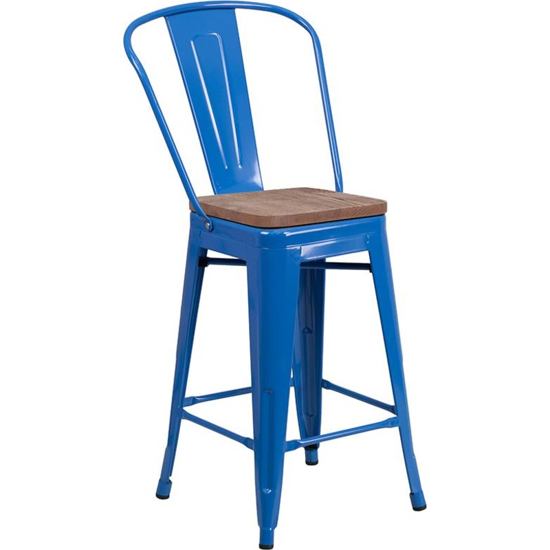 24" High Blue Metal Counter Height Stool With Back And Wood Seat By Flash Furniture