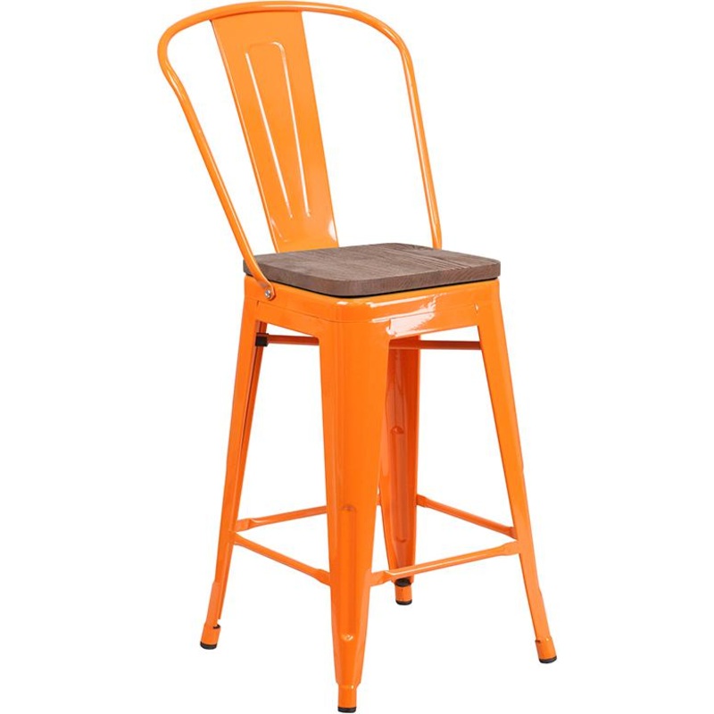 24" High Orange Metal Counter Height Stool With Back And Wood Seat By Flash Furniture