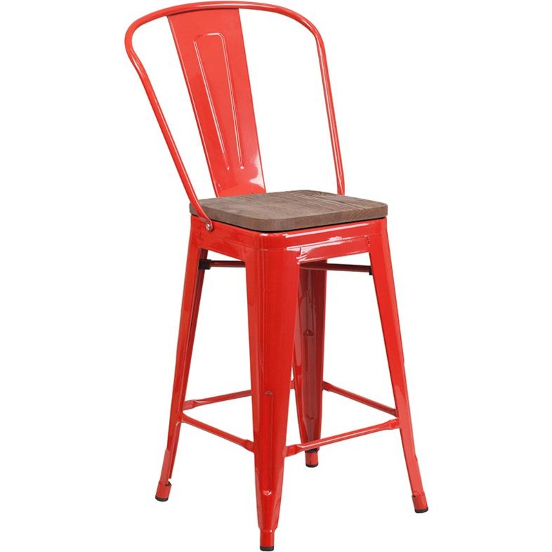 24" High Red Metal Counter Height Stool With Back And Wood Seat By Flash Furniture