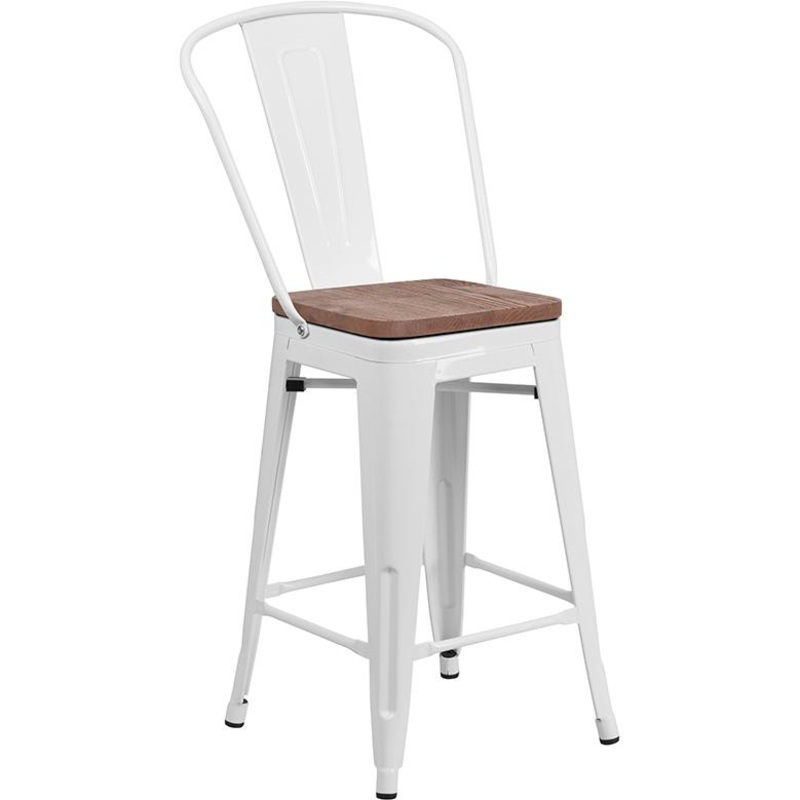 24" High White Metal Counter Height Stool With Back And Wood Seat By Flash Furniture