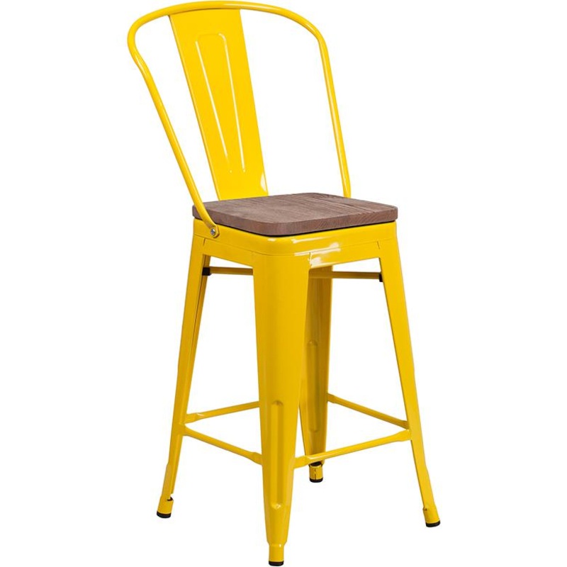 24" High Yellow Metal Counter Height Stool With Back And Wood Seat By Flash Furniture