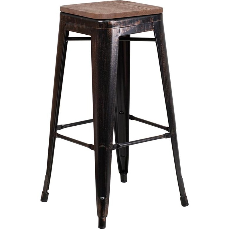 30" High Backless Black-Antique Gold Metal Barstool With Square Wood Seat By Flash Furniture