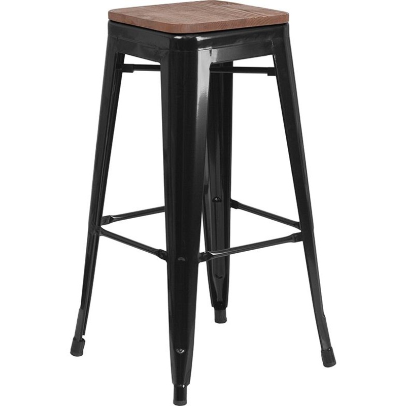 30" High Backless Black Metal Barstool With Square Wood Seat By Flash Furniture