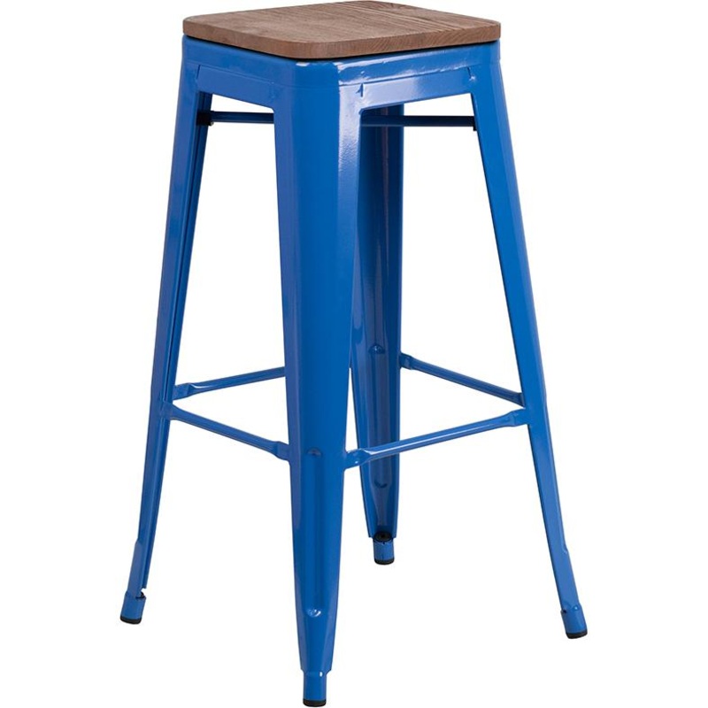30" High Backless Blue Metal Barstool With Square Wood Seat By Flash Furniture