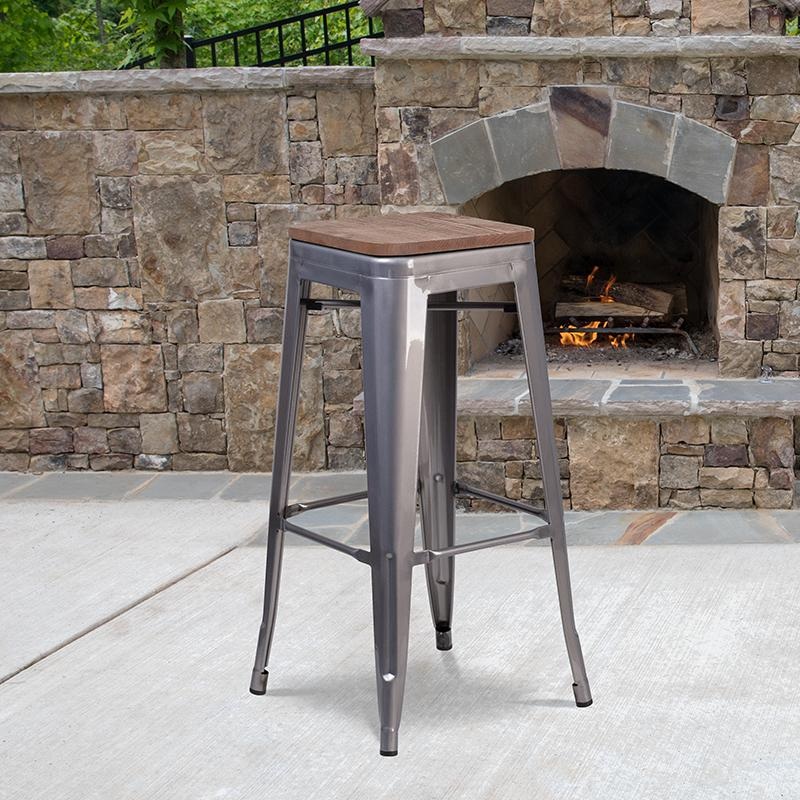 30" High Backless Clear Coated Metal Barstool With Square Wood Seat By Flash Furniture