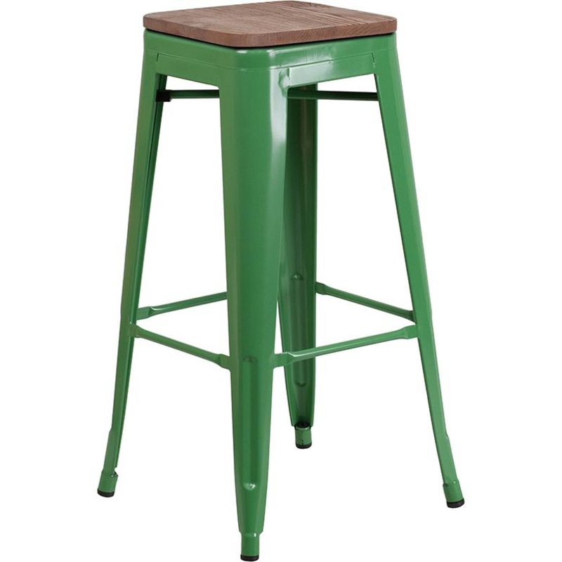 30" High Backless Green Metal Barstool With Square Wood Seat By Flash Furniture