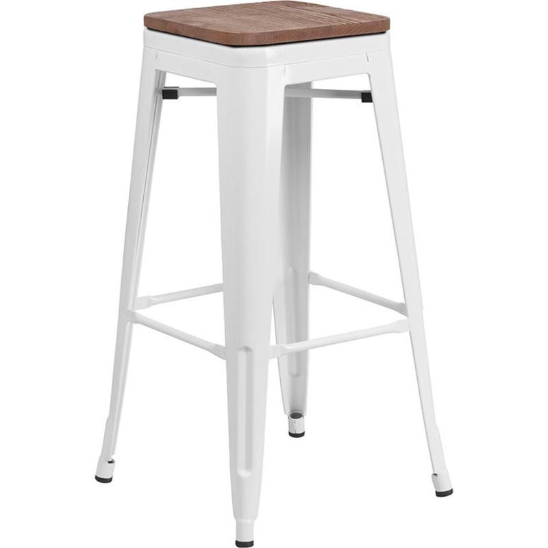 30" High Backless White Metal Barstool With Square Wood Seat By Flash Furniture