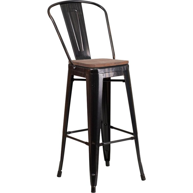 30" High Black-Antique Gold Metal Barstool With Back And Wood Seat By Flash Furniture