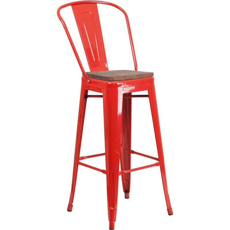 30" High Red Metal Barstool With Back And Wood Seat By Flash Furniture