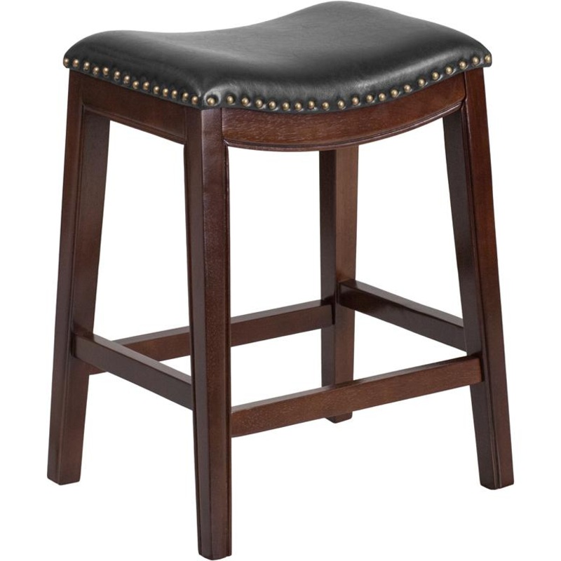 26'' High Backless Cappuccino Wood Counter Height Stool With Black Leathersoft Saddle Seat By Flash Furniture