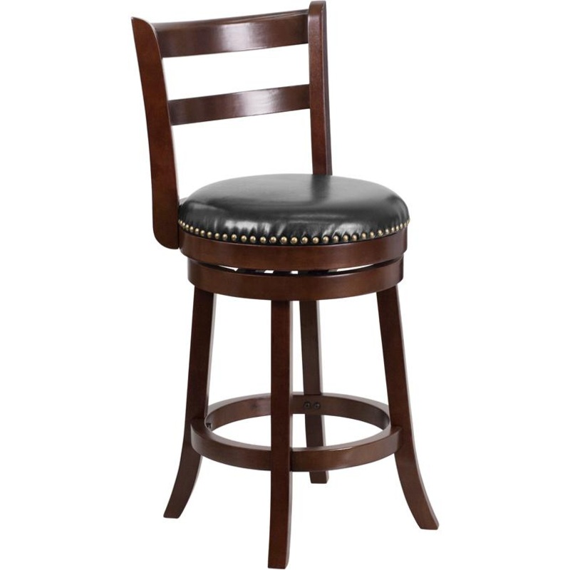 26'' High Cappuccino Wood Counter Height Stool With Single Slat Ladder Back And Black Leathersoft Swivel Seat By Flash Furniture