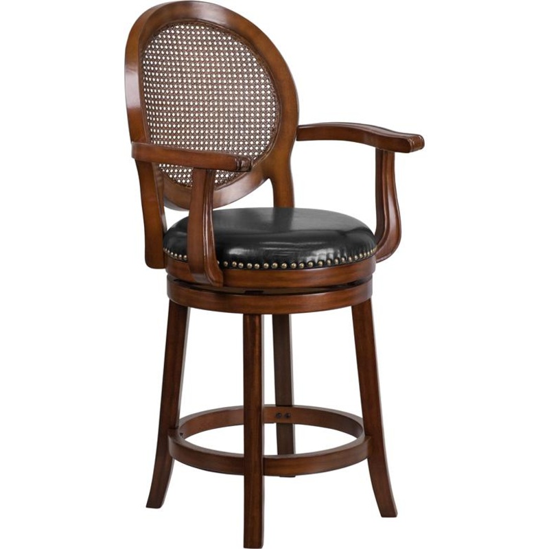 26'' High Expresso Wood Counter Height Stool With Arms, Woven Rattan Back And Black Leathersoft Swivel Seat By Flash Furniture