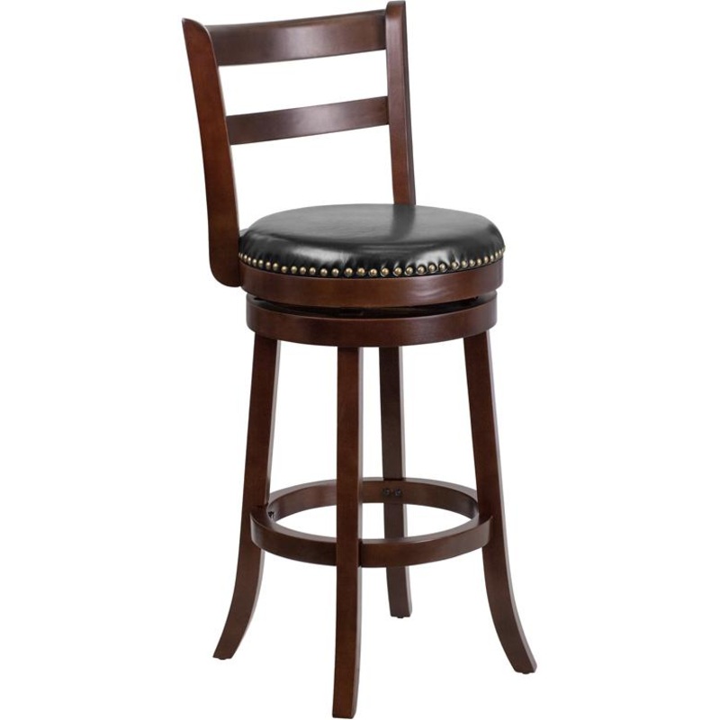 30'' High Cappuccino Wood Barstool With Single Slat Ladder Back And Black Leathersoft Swivel Seat By Flash Furniture