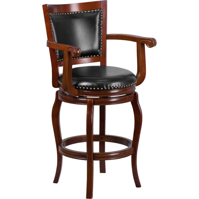 30'' High Cherry Wood Barstool With Arms, Panel Back And Black Leathersoft Swivel Seat By Flash Furniture