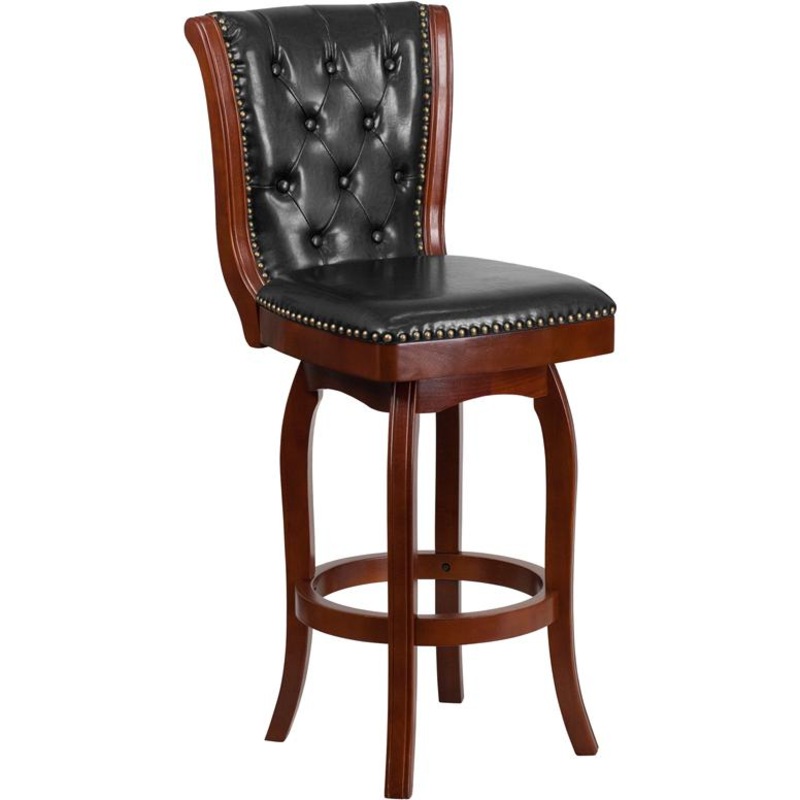 30'' High Cherry Wood Barstool With Button Tufted Back And Black Leathersoft Swivel Seat By Flash Furniture