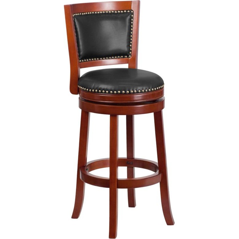 30'' High Dark Cherry Wood Barstool With Open Panel Back And Walnut Leathersoft Swivel Seat By Flash Furniture