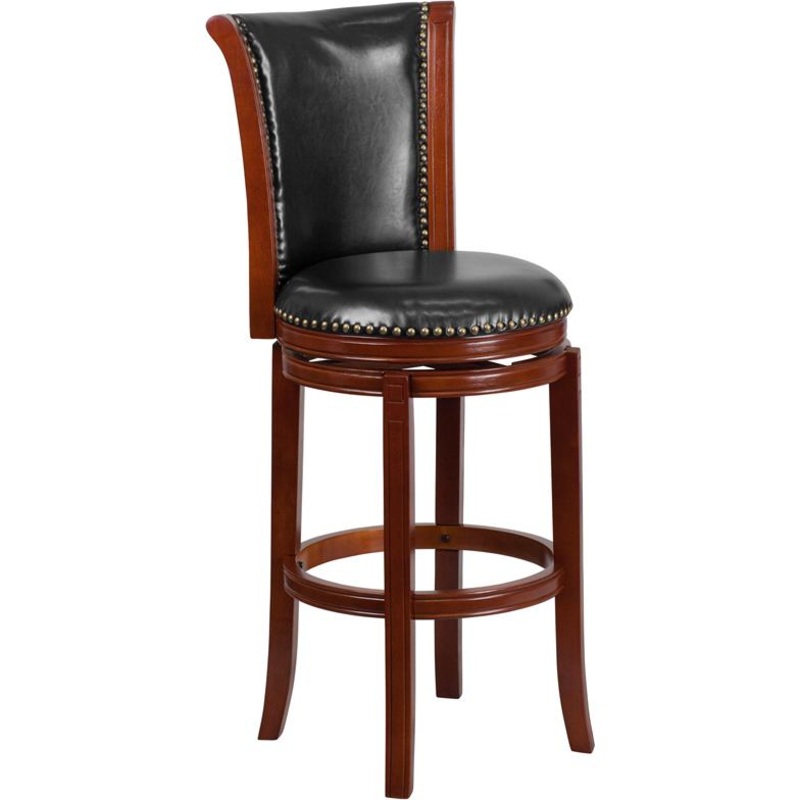 30'' High Dark Chestnut Wood Barstool With Panel Back And Black Leathersoft Swivel Seat By Flash Furniture