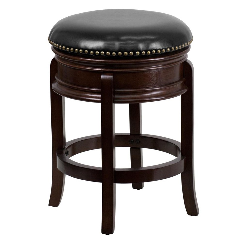 24'' High Backless Cappuccino Wood Counter Height Stool With Carved Apron And Black Leathersoft Swivel Seat By Flash Furniture