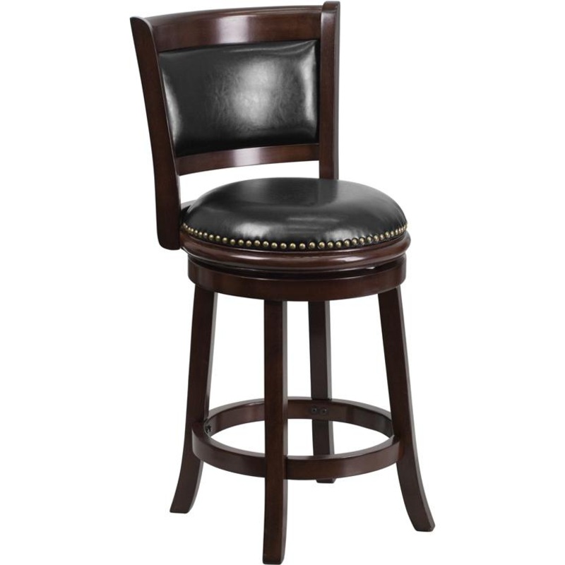 24'' High Cappuccino Wood Counter Height Stool With Panel Back And Black Leathersoft Swivel Seat By Flash Furniture