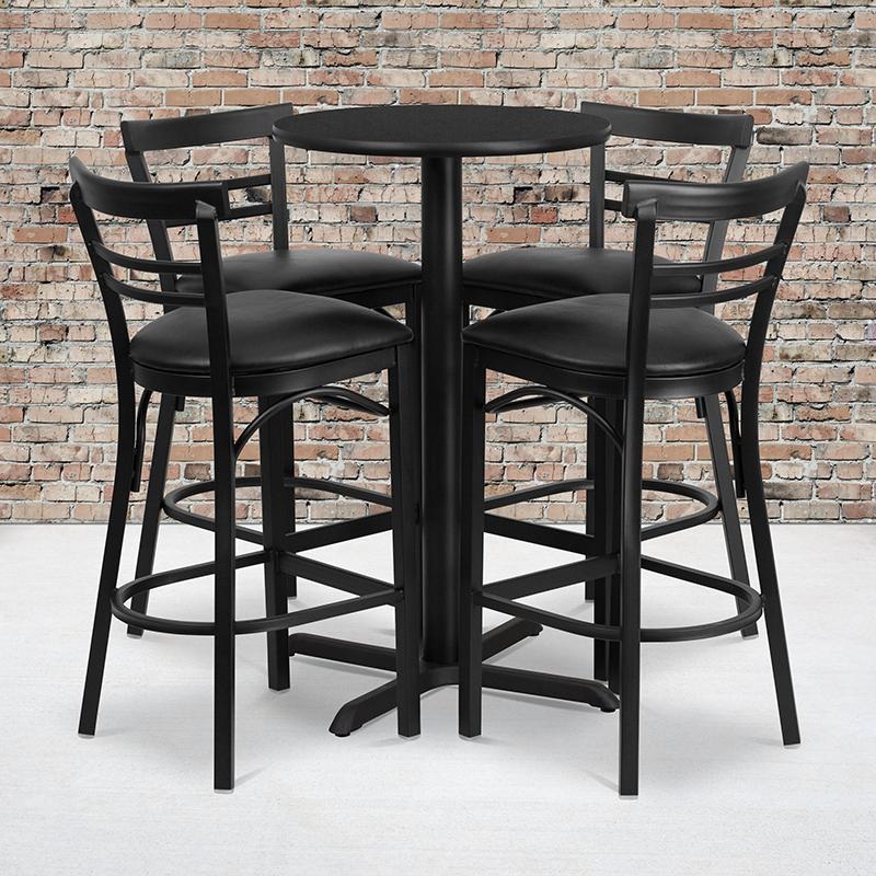 24'' Round Black Laminate Table Set With X-Base And 4 Two-Slat Ladder Back Metal Barstools - Black Vinyl Seat By Flash Furniture