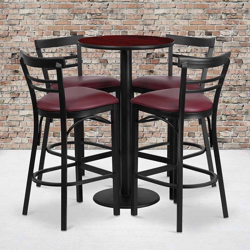 24'' Round Mahogany Laminate Table Set With Round Base And 4 Two-Slat Ladder Back Metal Barstools - Burgundy Vinyl Seat By Flash Furniture