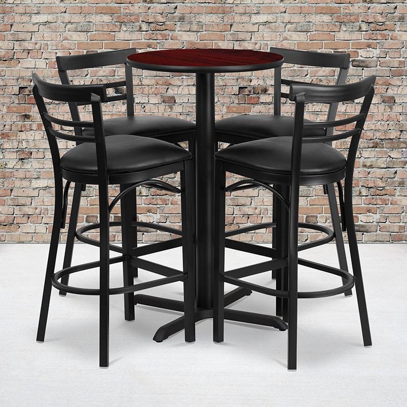 24'' Round Mahogany Laminate Table Set With X-Base And 4 Two-Slat Ladder Back Metal Barstools - Black Vinyl Seat By Flash Furniture