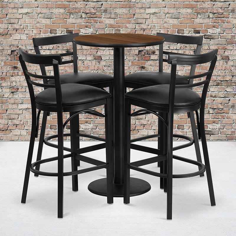 24'' Round Walnut Laminate Table Set With Round Base And 4 Two-Slat Ladder Back Metal Barstools - Black Vinyl Seat By Flash Furniture