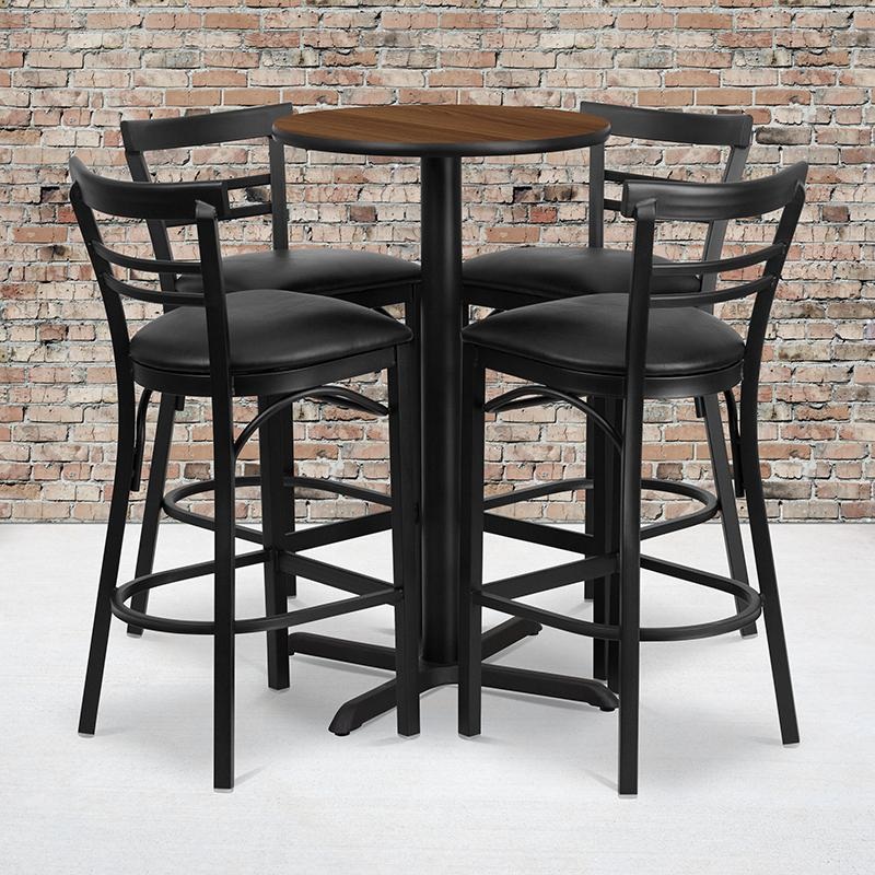24'' Round Walnut Laminate Table Set With X-Base And 4 Two-Slat Ladder Back Metal Barstools - Black Vinyl Seat By Flash Furniture